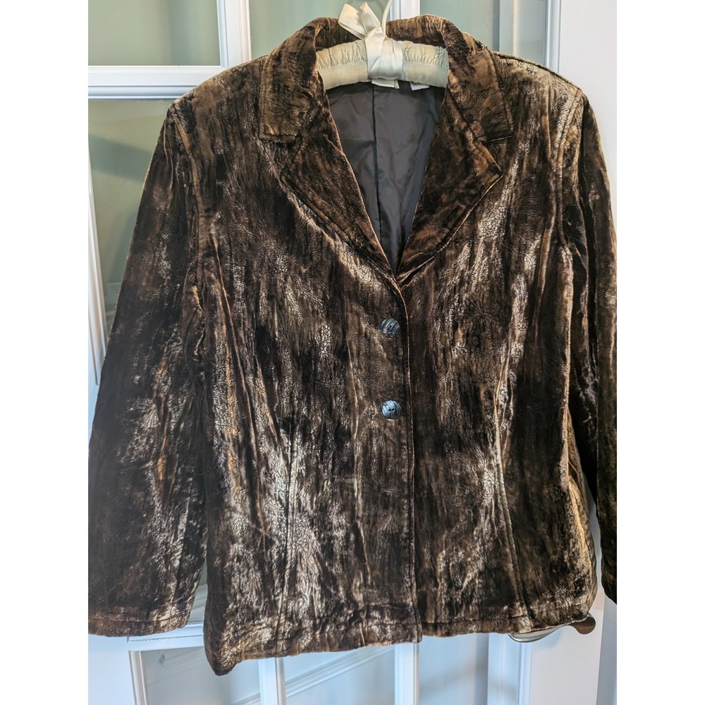 Vintage Chicos Design Brown Silk Blend Crushed Velvet Embroidered Blazer Size 2